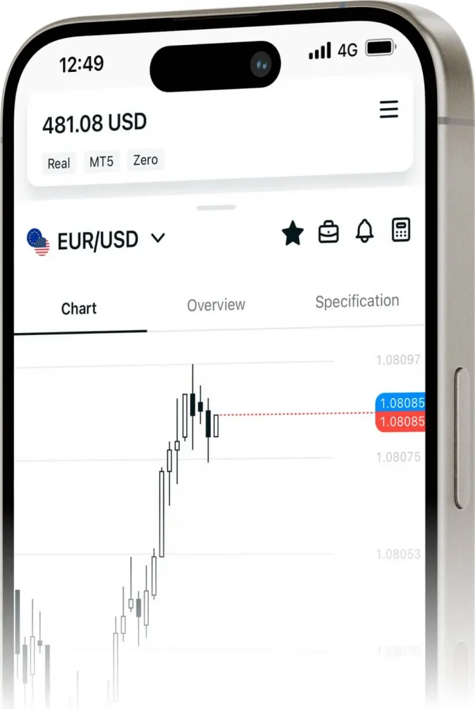 Aplikasi mobile Exness dengan grafik EUR/USD